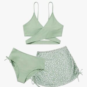 Sage Green Women's Bikini Set with Floral Skirt